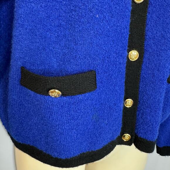 Talbots VGT 80's Wool Blend Royal Blue Black Gold Button Sweater Cardigan PM - Picture 5 of 10